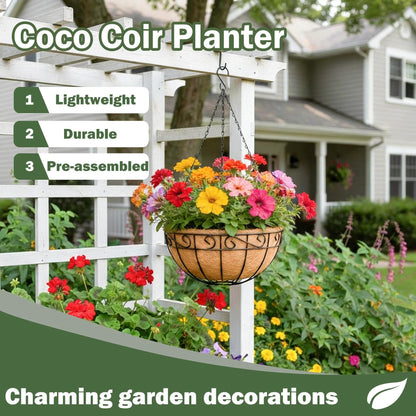 KIDYBELL 4 Pack 14 Inch Hanging Baskets for Plants Outdoor Metal Hanging Planter Basket with Coco Coir Liner Hanging Flower Pots Holder for Garden, Patio(Flower)