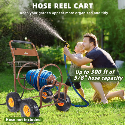 WERMAH 2025 Upgrade Hose Reel Cart, Hold Up to 300 ft of 5/8'', Garden Hose Cart with 4 Wheels, Heavy Duty Freestanding Water Hose Reels for Outside Garden Lawn Yard Outdoor
