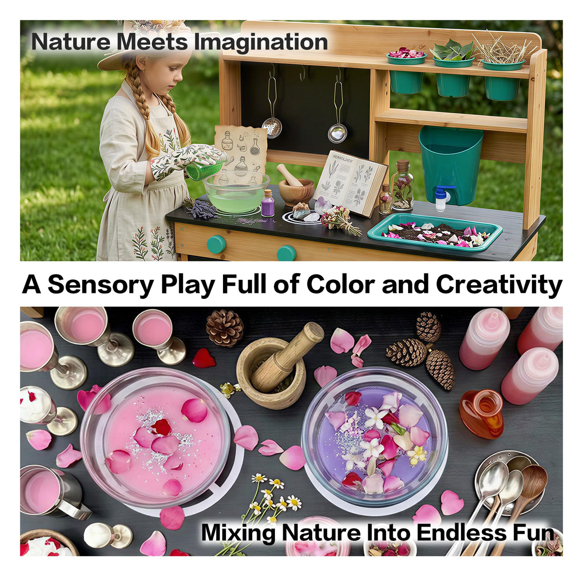 Mud Kitchen for Kids Outdoor, Wooden Play Kitchen with Real Working Faucet & Water Tank, Sensory Montessori Kitchen Playset with Sink, Chalkboard, Pots & Pans for Toddlers & Kids Ages 3+