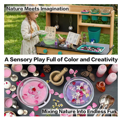 Mud Kitchen for Kids Outdoor, Wooden Play Kitchen with Real Working Faucet & Water Tank, Sensory Montessori Kitchen Playset with Sink, Chalkboard, Pots & Pans for Toddlers & Kids Ages 3+