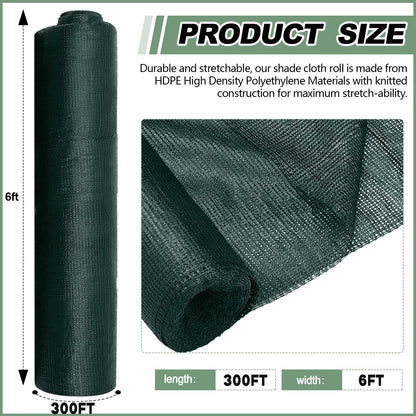 Ribbonlic 6 x 300 ft Green Shade Cloth Roll for Covering Garden 90% Mesh UV Resistant Net with Ties for Patio Outdoor Greenhouse Fence Flower Plant Cover Canopy
