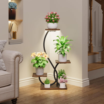 BACEKOLL Plant Stand Indoor with Grow Lights - S-Shaped Plant Shelf, Lighted Corner Plant Stands for Indoor Growing, 32" Metal Flower Holder, 4 Tiered Decorative Shelves for Home, Hallway, Black