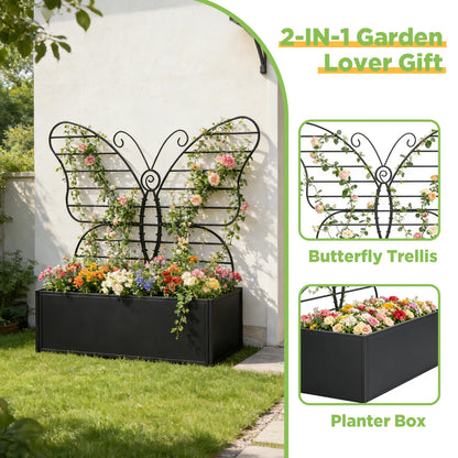 Zyphorinth Metal Planter Box with Trellis, Raised Garden Bed for Climbing Plants, Vegetables, Vines, Privacy Planters for Patio with Drainage Holes, Black- Butterfly-Shaped