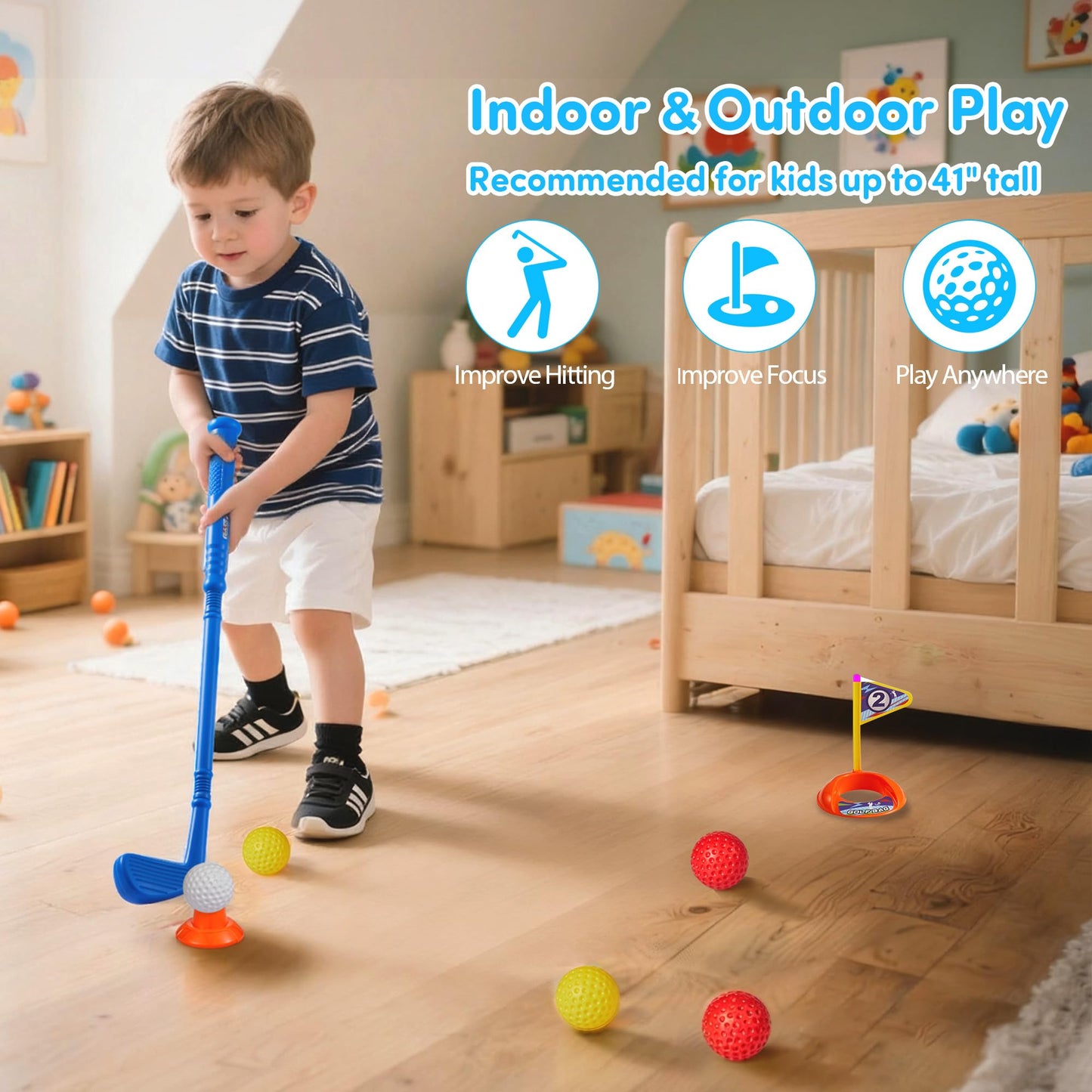PJG Toddler Golf Set, Plastic Kids Golf Clubs Ages 1 2 3 4 5 Years Old with 4 Golf Clubs and 10 Balls, Indoor and Outdoor Toddler Golf Toys with Cart for Boys and Girls Birthday (Blue)