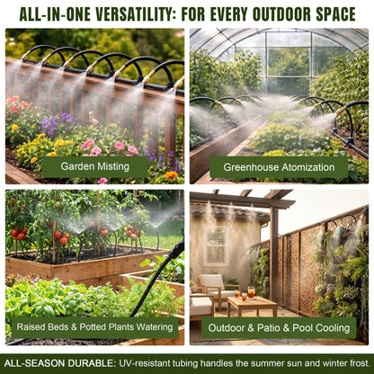 100FT Drip Irrigation System Kit Dual-Zone Garden Atomizing Watering System with 30 Copper 360° Adjustable Bendable Nozzles,Y-Splitter, Leak-Proof 1/4" Misting System for Garden Greenhouse Raised Beds