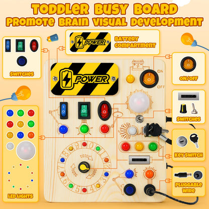 OAKJAR Busy Board, Montessori Toys for 1+ Year Old, Busy Board with 13 Led Light, Wooden Toddler Educational Travel Toy, 1 Year Old Boy&Girl Gifts