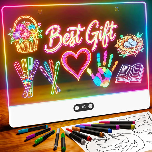 LEACUBER Rechargeable LED Drawing Board for Kids, 16" Light Up Acrylic Dry Erase Led Note Board with Stand, 11 Light Effects Drawing Tablet, Birthday Holiday Toy Gifts for Kids, 12 Markers (White)