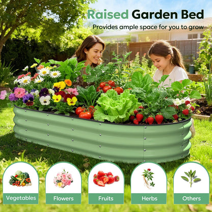 Yumatum Raised Garden Bed 6×3×1 FT, Galvanized Raised Planter Box, Oval Vegetable Planting Container with Safety Edge Trim, Fruit Green for Backyard Fence Line Side Yard Family Gardening
