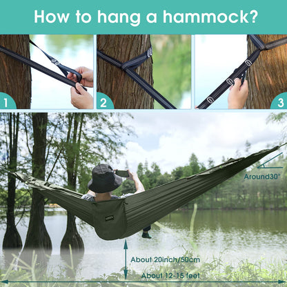 G4Free Large Camping Hammock with Mosquito Net 2 Person Pop-up Parachute Lightweight Hanging Hammocks Tree Straps Swing Bed for Outdoor Backpacking Backyard Hiking (New Army Green)