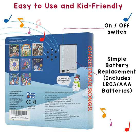 LEARNING BUGS Christmas Songs – Sing Along with 15 Festive Holiday Tunes, Musical Book for Toddlers, 28-Button Music Book, Musical Toys for Toddlers 1-3