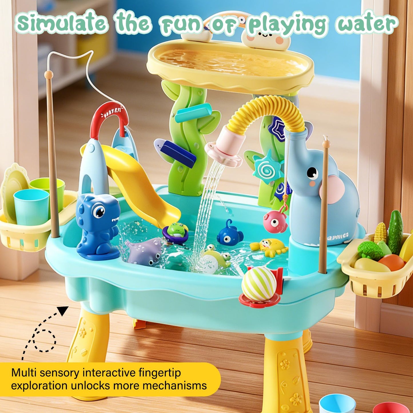 NOPROB 2027 Upgraded Toddlers 1-3 Sand Water Table Toy with Electric Pump, Kids Sand Water with Faucet/Play Food Accessories/Fishing Toy, Kitchen Play Sink Toys for Girl Boy Age 3+ (Blue)