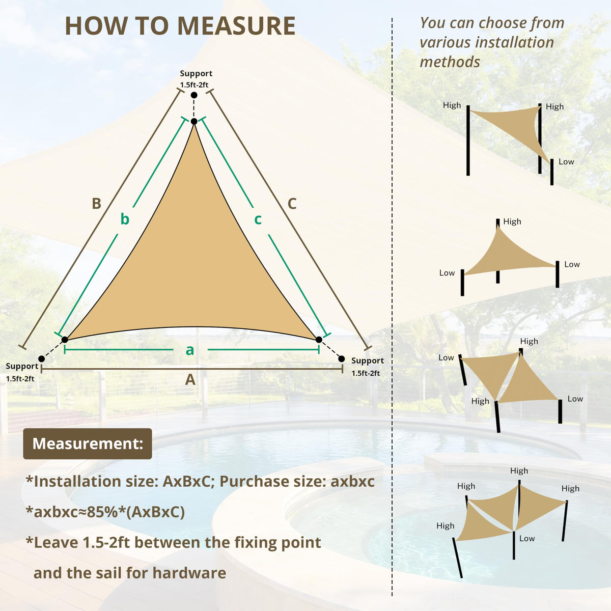 12'x12'x12' Triangle Sun Shade Sail, UV Block Breathable Awnings with Wear Tear Fade Resistant Ropes, Durable Sunshades for Outdoor Patio, Garden, Deck, Yard (Sand)