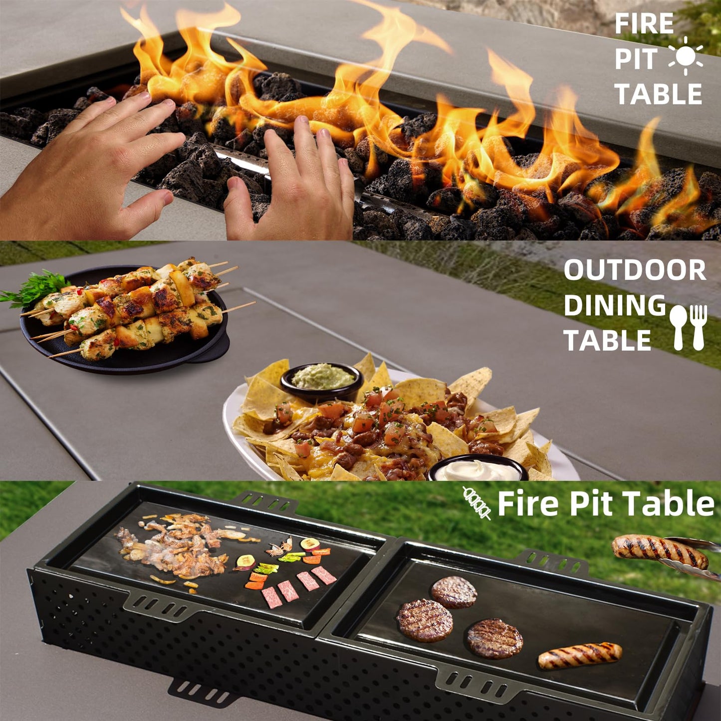 48'' Propane Fire Pit Table, 50,000BTU Rectangle Firepit Table, 3-in-1 Outdoor Fire Table with Tank Hidden Table for Outside Patio, Backyard, Grey