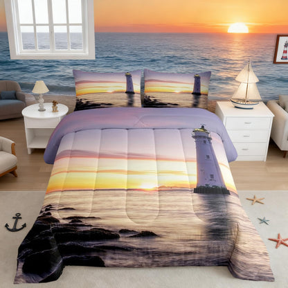 Castle Fairy White Lighthouse Comforter Set Queen Size Natural Sea Sunset Bedding Set Bedroom Decor Coastal Scenery Quilt Set Comfortable and Breathable 3D Lighthouse Duvet Insert with 2 Pillowcases