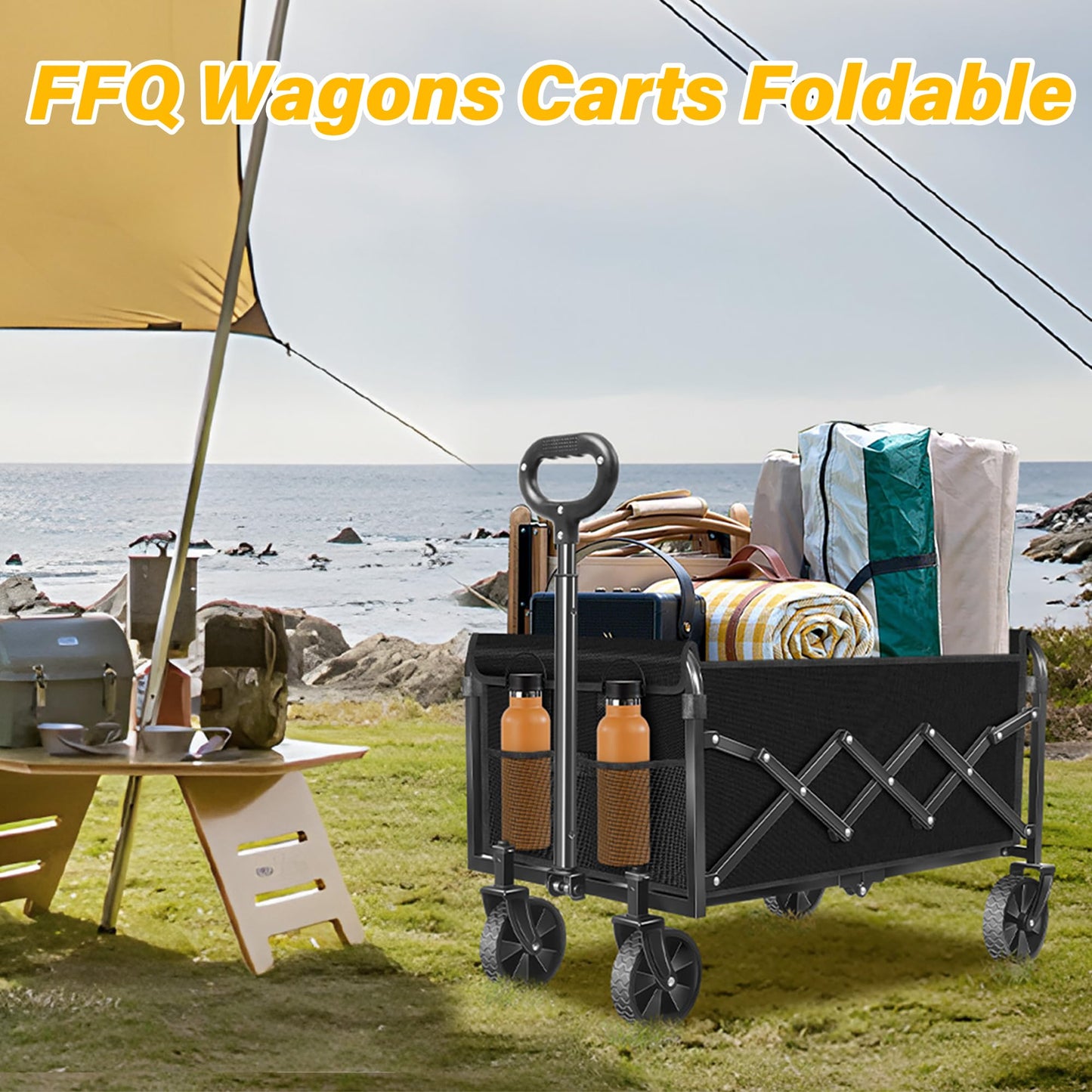 Folding Wagon Cart with All-Terrain Wheels – Heavy Duty Collapsible Utility Wagon for Grocery, Sports, Garden, Camping, Shopping (Black 360LBS)