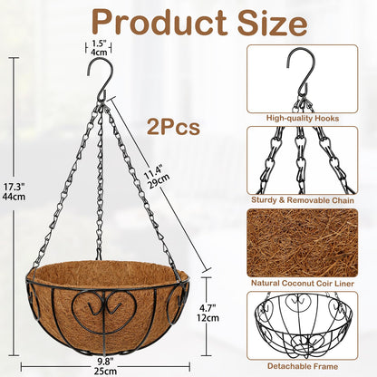 Nature Crafted 10 inch Metal Hanging Baskets for Plants Outdoor, 2 Pack Metal Wire Hanging Basket Planter with Coco Liner Flower Pots for Indoor Outdoor Garden Porch Patio, Heart-Shaped