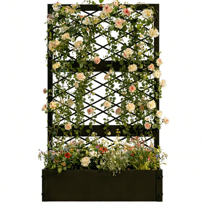 aboxoo 59 inch Metal Planter Planter Box with Privacy Screen Trellis Outdoor Raised Garden Bed Standing Garden Flower Bed with Drainage Holes(Black)