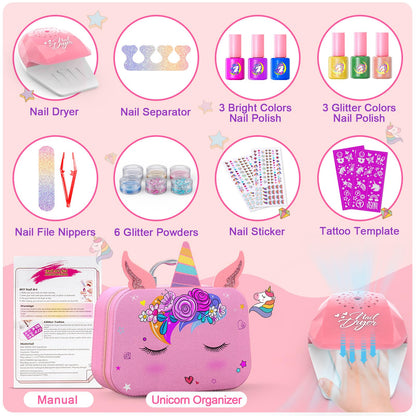 Kids Nail Polish Set for Girls, Nail Art Kit with Nail Dryer & DIY Nail Stickers, Nail Kit Toys for Girls with Non-Toxic Nail Polish, Age 3-12 Little Girl Gift Toys- Pink