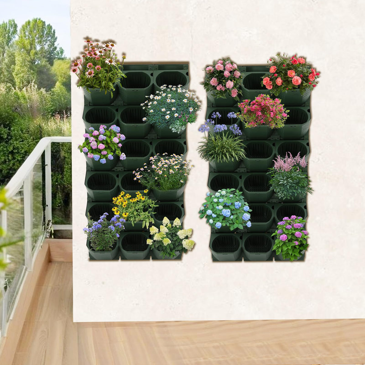 Eapmic Vertical Wall Planter with 36 Pots, Hanging Garden Plant Flowerpot Holder, Stackable Wall-Mounted Planter, Balcony Planters for Flowers Vegetables Fruits (Army Green, 36 Pots)