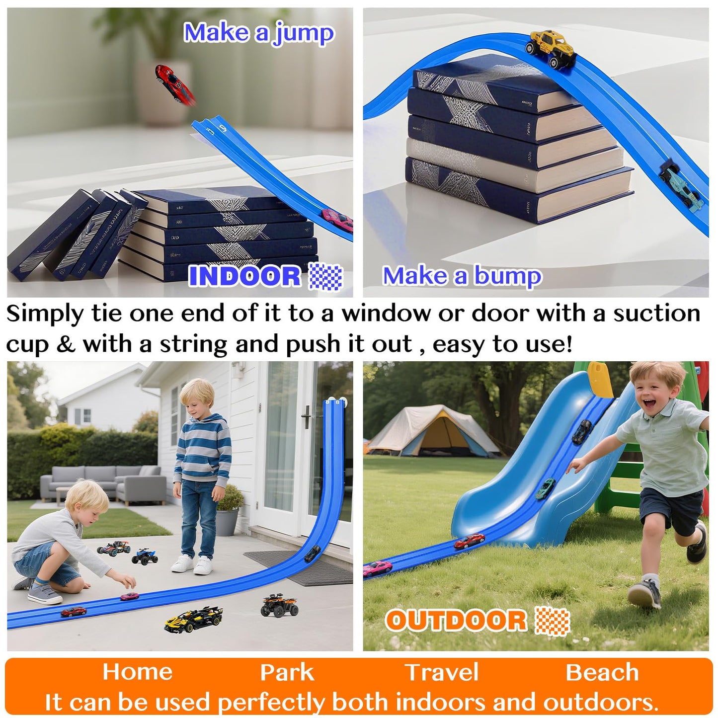Flexible Car Track for Kids: 15 Ft of Portable Roll-Up DIY Flexible Race Track with 8 Cars & 4 Strong Suction Cups Car Ramp Toy Track, – A Great Birthday for Boys & Girls Ages 3+ (Blue)