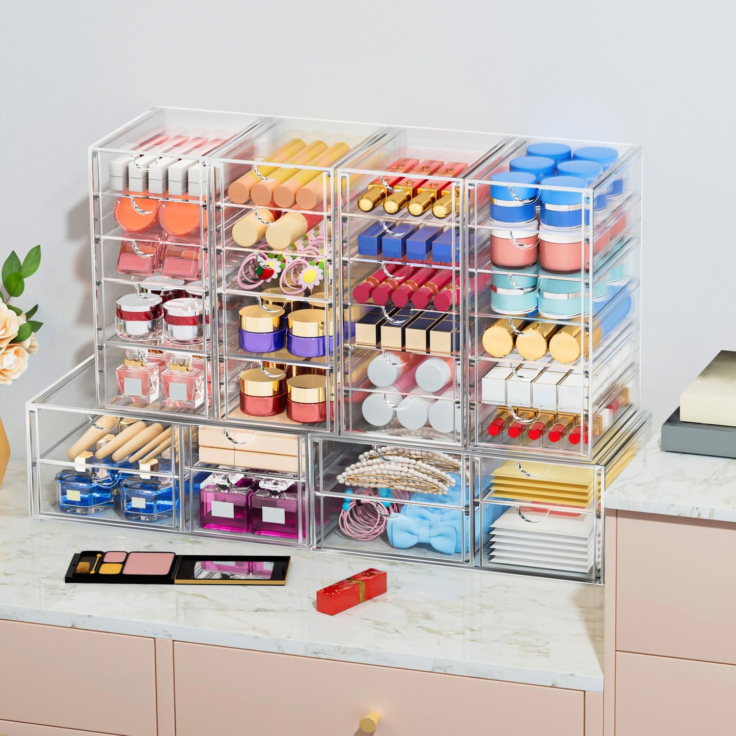 caktraie Makeup Organizer Storage With 30 Drawers, 6 Pcs Desktop Office Supplies, Desk Organizers, Clear Accessories, Dustproof Drawer and for Make Up, Jewelry, Pen, Stationary
