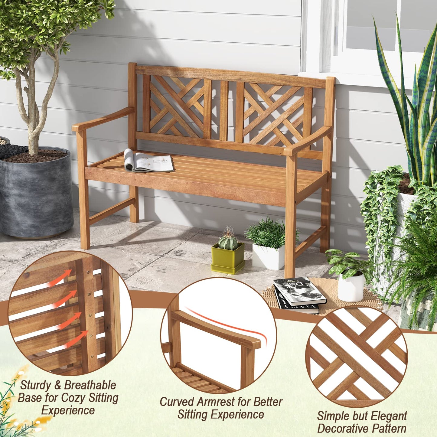 Giantex Outdoor Wooden Garden Bench - 2-Person Acacia Wood Loveseat with Armrests, Backrest, 800lbs Capacity, Patio Park Bench for Backyard, Front Porch Bench (Non-Foldable)