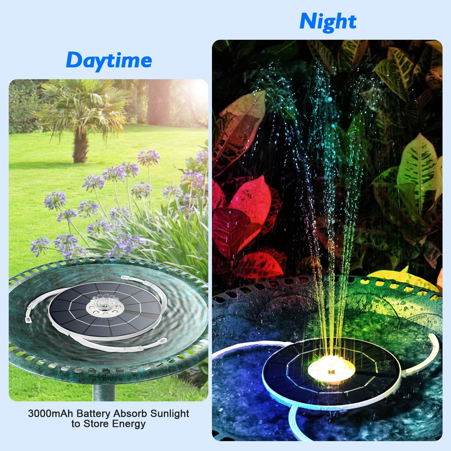 AISITIN 3.5W Solar Fountain with Lights, Built-in 3000mAh Battery & 3 Fixed Brackets & Crystal Ball & 8 Nozzles, Solar Water Fountain for Bird Bath, Backyard, Garden, Fish Pond, Only Work at Night!