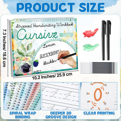 chiazllta 8 Pack Grooved Cursive Handwriting Workbook with Disappearing Ink Pens Magic Grooved Cursive Reusable Handwriting Practice Books Copybooks for Kids Beginners Learning Activities Supplies
