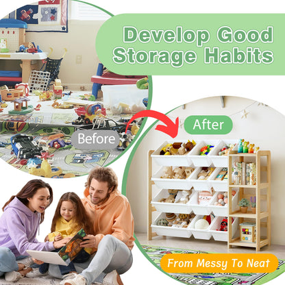 MallBest Kids Toy Storage Organizer with Bookshelf – Wooden Toy Bin Organizer with 12 Storage Bins & 3-Tier Shelf, Toy Shelf for Toddlers, Nursery, Playroom, Bedroom(Natural)