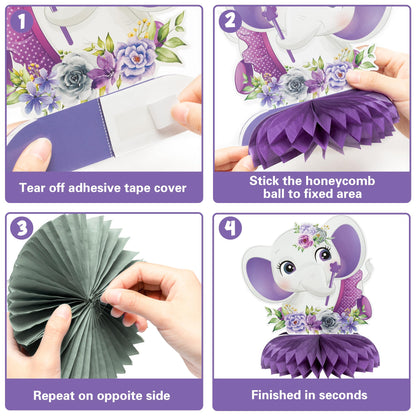 12 Pcs Purple Floral Elephant Honeycomb Centerpieces - Girl Baby Shower Party Table Decorations - Welcome Baby Party Table Toppers - Photo Props Decor