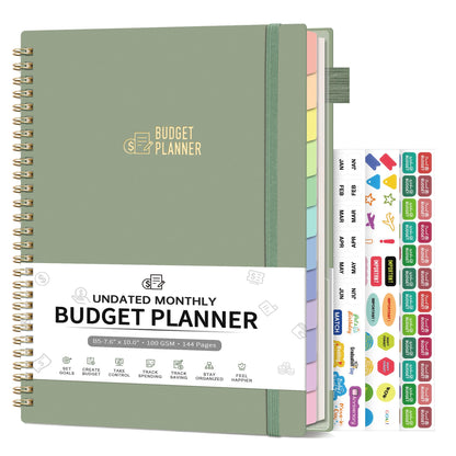 Budget Planner - Monthly Budget Book for Daily Expense Tracking, Business, Debt, Savings, B5 (7.3" x 10.15") Undated Financial Planner with Colorful Tabs Manages Your Money Effectively, Light Green
