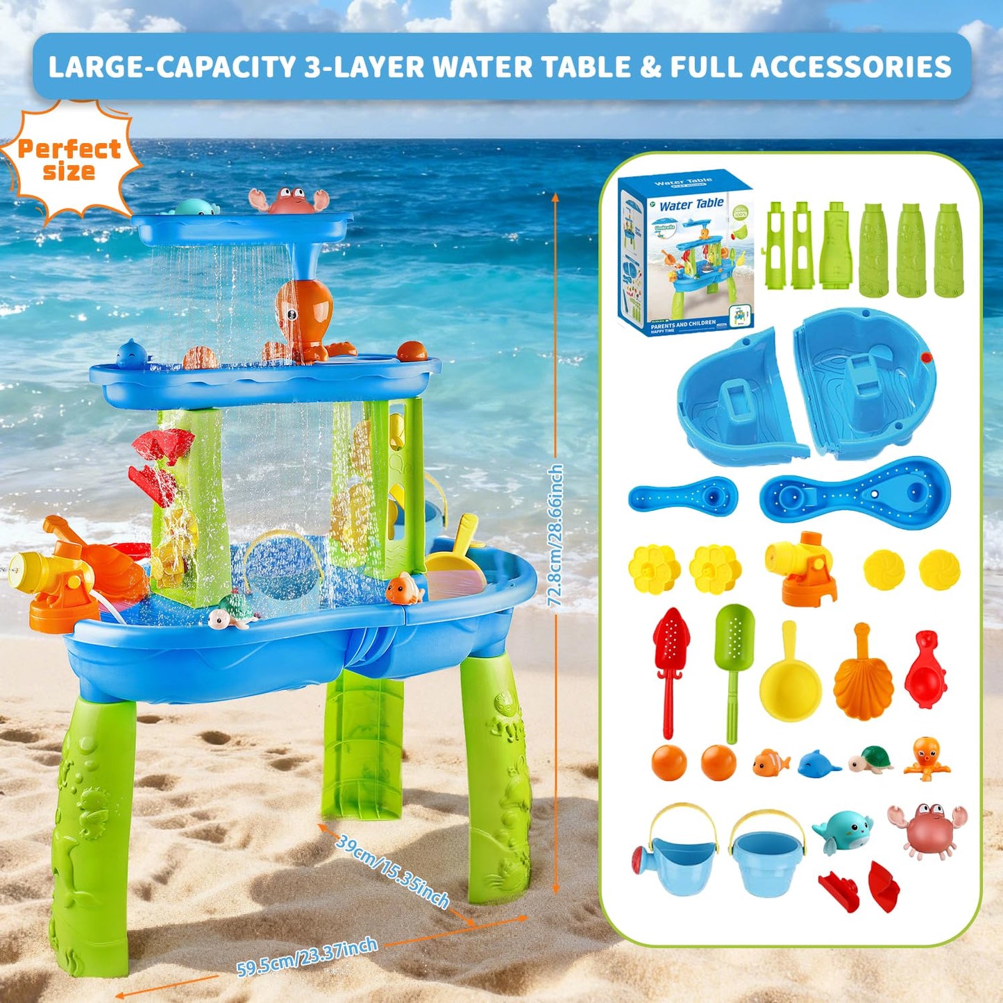 Vahlbeste Water Table for Toddlers 1-3, Kids Water Table, 3-Tier Water Tables for Toddlers 3-5 Features Swimming Dolphins & Crabs, Rain Showers Splash Pond, Activity Sensory Play Table for Boys Girls