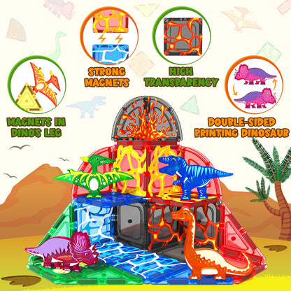 Coodoo Dinosaur Toys Magnetic Tiles Lava Dinosaur World Set - Magnetic Blocks Building for Kids 3-5 5-7 Girls Boys Toy Age 4-6 6-8, Classroom Must Haves Toddler Sensory for 3+ Year Old Kids Toys