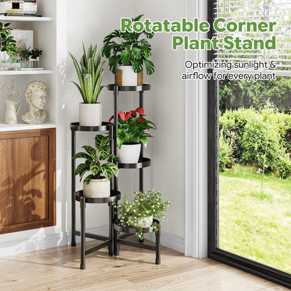 Simple Trending Plant Stand Indoor Outdoor, 5-Tiers Metal Corner Shelf, Tall Display Rack with 5 Rotating Trays, Heavy Duty Flower Holders for Patio Garden Balcony Living Room Bedroom, Black
