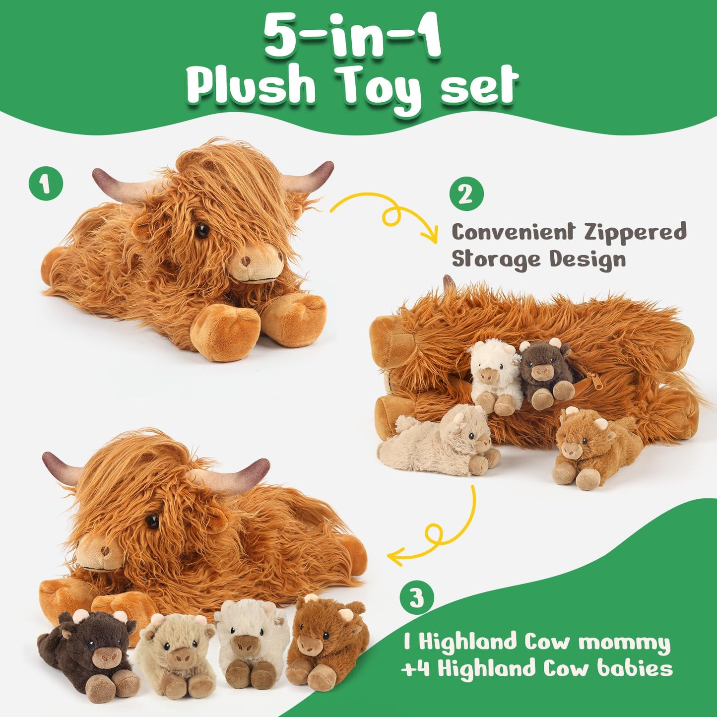 5PC Highland Cow Stuffed Animals with Babies Inside, 1 Mommy Highland Cow Plush & 4 Surprise Babies, Cute Plush Toy for Kid Boys Girls Ages 3 4 5 6 7 8, Gift Ideal for Christmas, Valentine's, Birthday