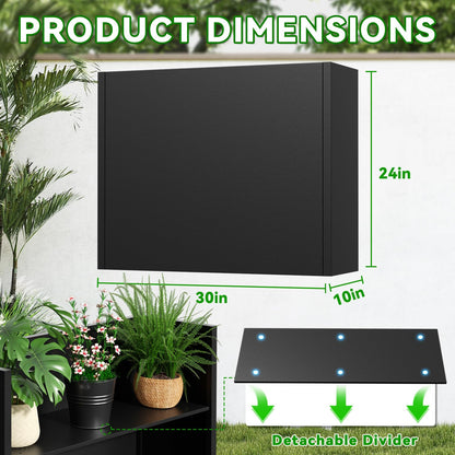 POOAMY Metal Planter, 30L x 10W x 24H, Heavy Duty Tall Planters for Outdoor Plants, Black Planters with Removable Insert Shelf, Large Planters with Drainage Holes for Porch, Patio and Yard, Black
