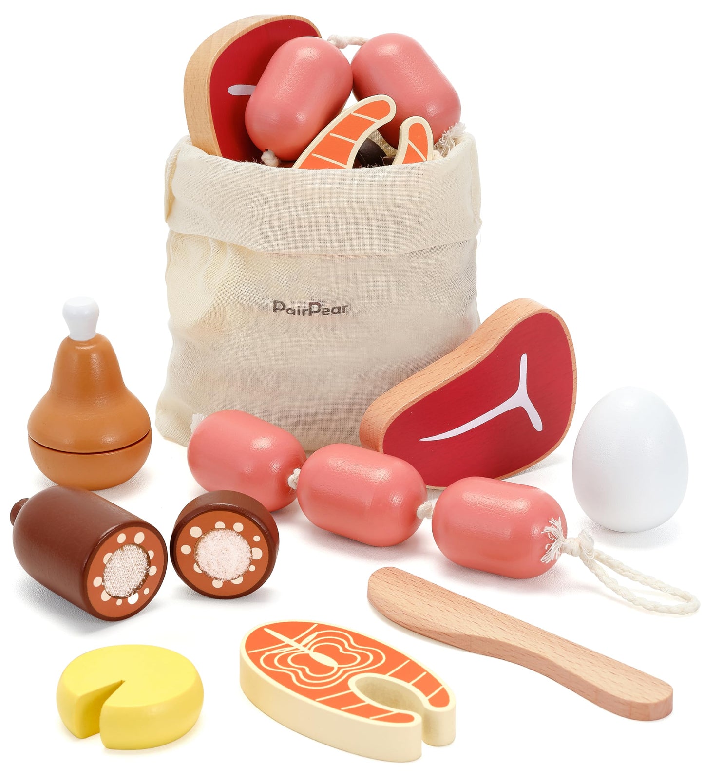 PairPear Wooden Toys Play Food Sets for Kids Kitchen, Kids Toy Food Cutting Meat Set for Toddlers 3+ Years Old, Pretend Food Play Kitchen Accessories for Girls and Boys