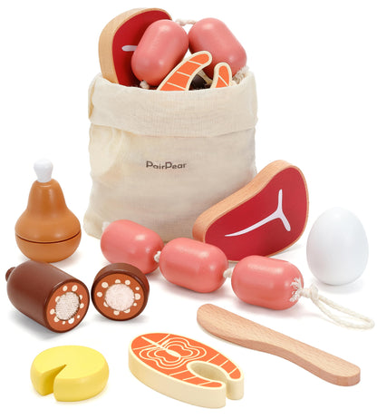 PairPear Wooden Toys Play Food Sets for Kids Kitchen, Kids Toy Food Cutting Meat Set for Toddlers 3+ Years Old, Pretend Food Play Kitchen Accessories for Girls and Boys