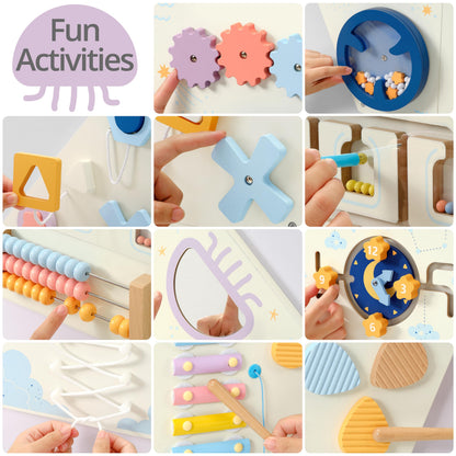 Pillowhale Tangram Activity Wall Busy Board Panels, 12-in-1 Learning Activity Center, Wooden Montessori Sensory Toys for Toddler Playroom, Nursery, Daycare, Classroom, Dentist Waiting Room