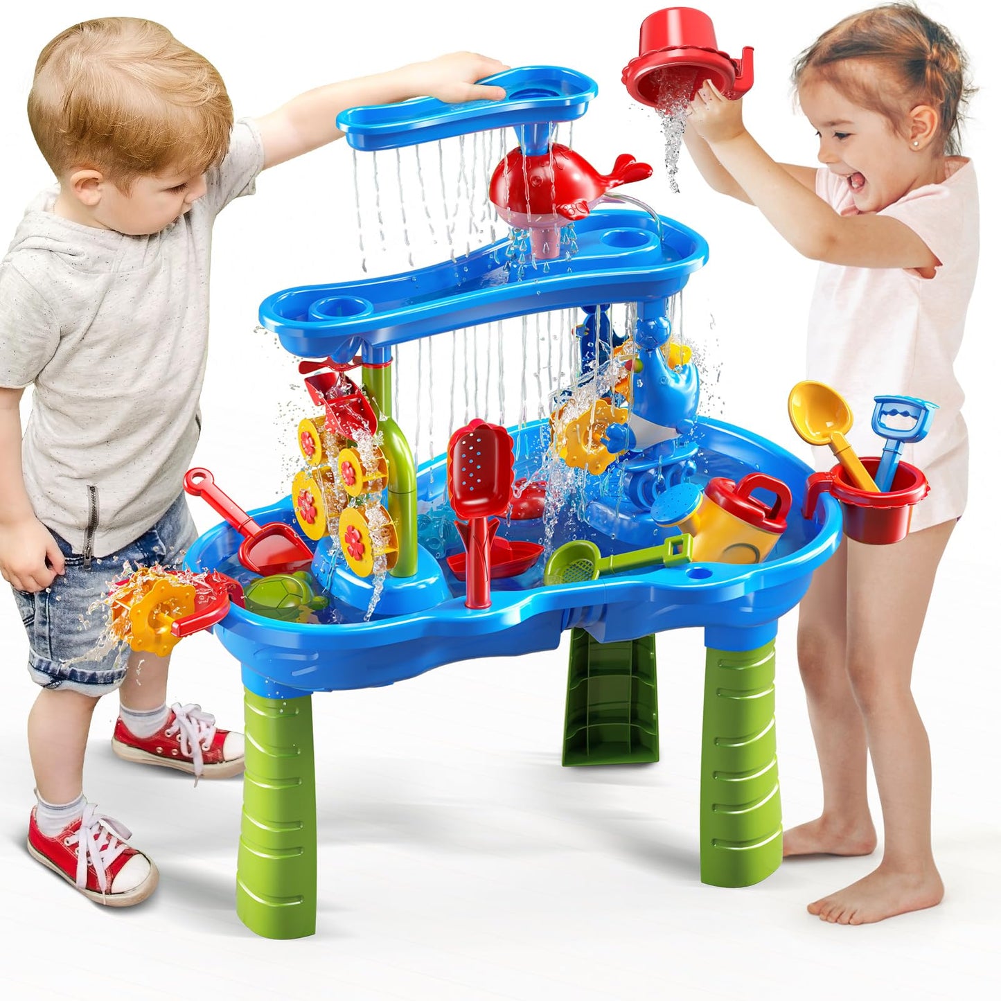 JUKUDAHU 3-Tier Sand and Water Table Toys for Kids Aged 3 4 5 6 7 8, Outdoor Activity Playset Sensory Play Table with Beach Toys Accessories Water Waterfall, Birthday Gifts for Toddlers 3-4 3-5 4-6