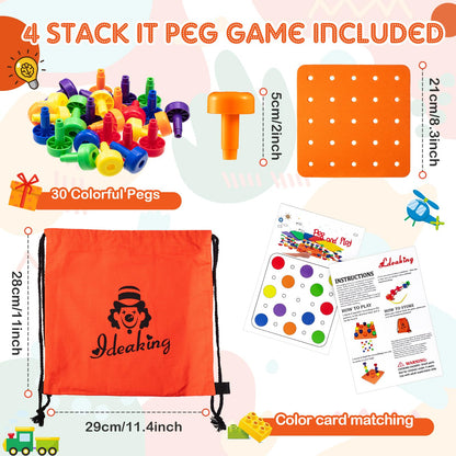 Shappy Toddler Peg Board Kids Montessori Colorful Stackable Toys 120 Pcs Pegs with 4 Foam Board 4 Sets Learning Educational Toy for Preschool Color Recognition Counting Skill with Lacing String Bag