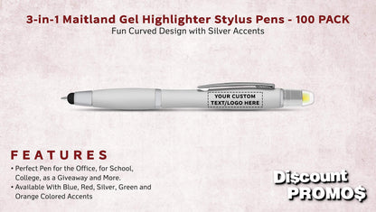 DISCOUNT PROMOS Personalized Smooth Writing Maitland Gel Highlighter Stylus Pens - 100 pack - Highlighters - Customizable Text, Logo - Silver