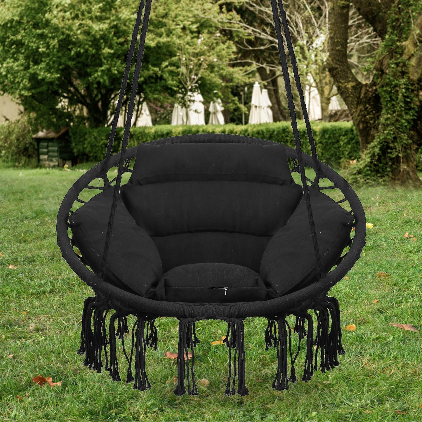 Goutime Hammock Chair with Hanging Hardware Kit and Back Cushions,Macrame Boho Swing Chairs for Indoor,Outdoor,Bedroom,Patio (Black)