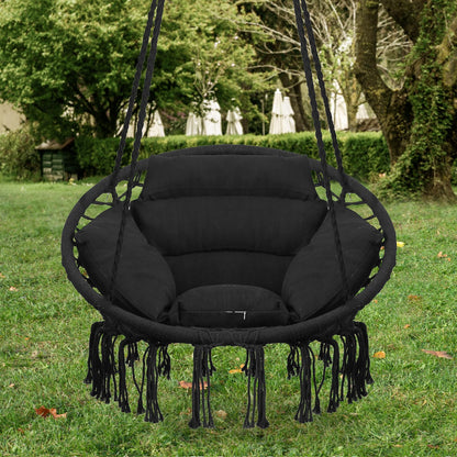 Goutime Hammock Chair with Hanging Hardware Kit and Back Cushions,Macrame Boho Swing Chairs for Indoor,Outdoor,Bedroom,Patio (Black)