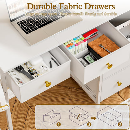 3IngSeagulls Small Computer Desk with 4 Fabric Drawers, Simple Writing Desk for Home Office, Compact Study Desks for Small Spaces, Kids Desk Study for Bedroom, White