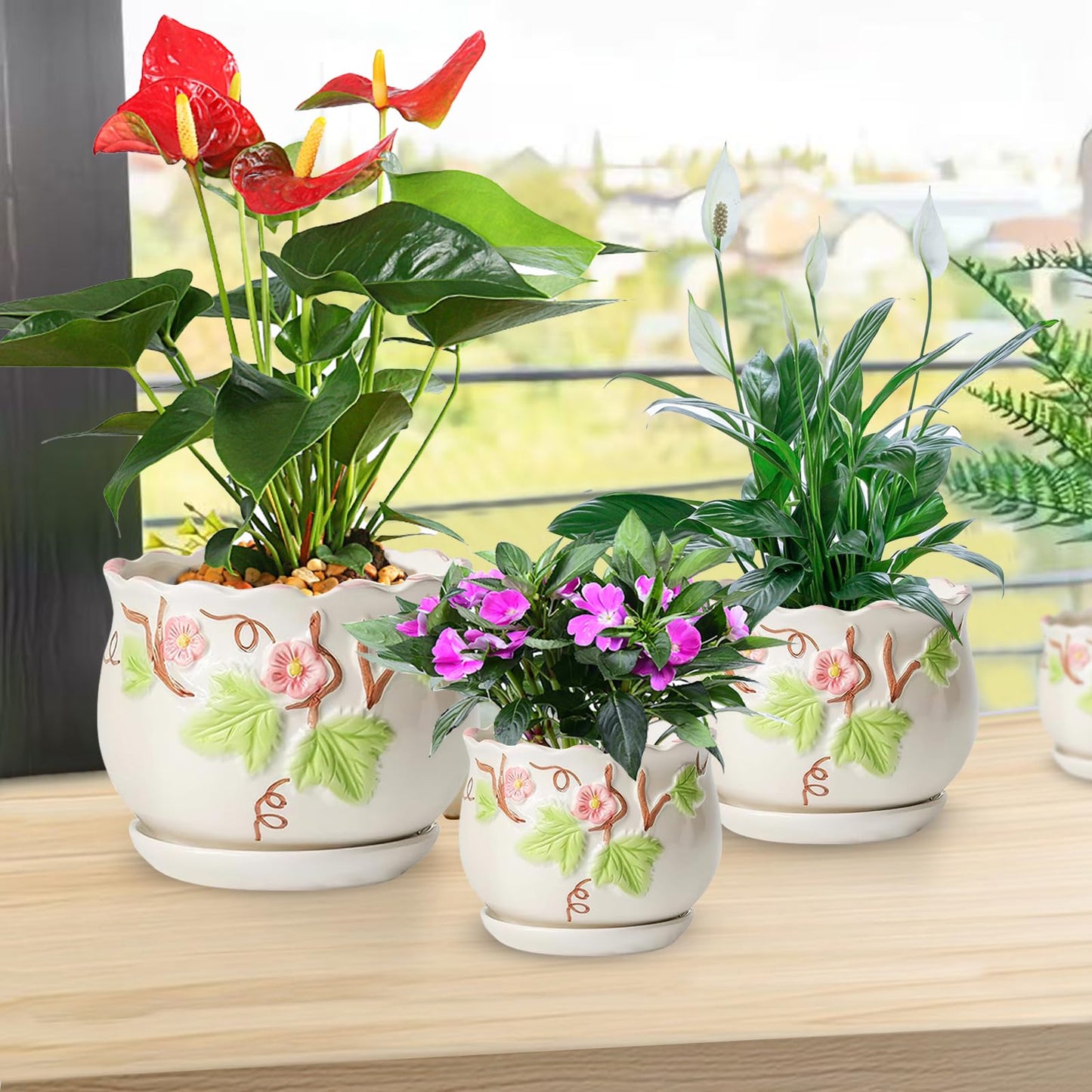 XIRYAER 3 Piece Ceramic Plant Pots with Drainage Hole and Saucer,6.7/5.1/3.9inch,Modern Decorative Planters for Indoor Plants,Round Flower Pot for Succulents,Herb Snake Plants(White)