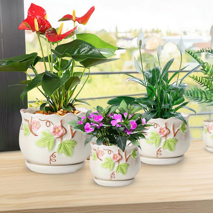 XIRYAER 3 Piece Ceramic Plant Pots with Drainage Hole and Saucer,6.7/5.1/3.9inch,Modern Decorative Planters for Indoor Plants,Round Flower Pot for Succulents,Herb Snake Plants(White)