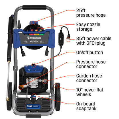 Westinghouse WPX3400e Electric Pressure Washer, 3400 Max PSI and 2.0 Max GPM, Brushless Motor, Onboard Soap Tank, Spray Gun and Wand, 5 Nozzle Set, for Cars/Fences/Driveways/Homes/Patios/Furniture