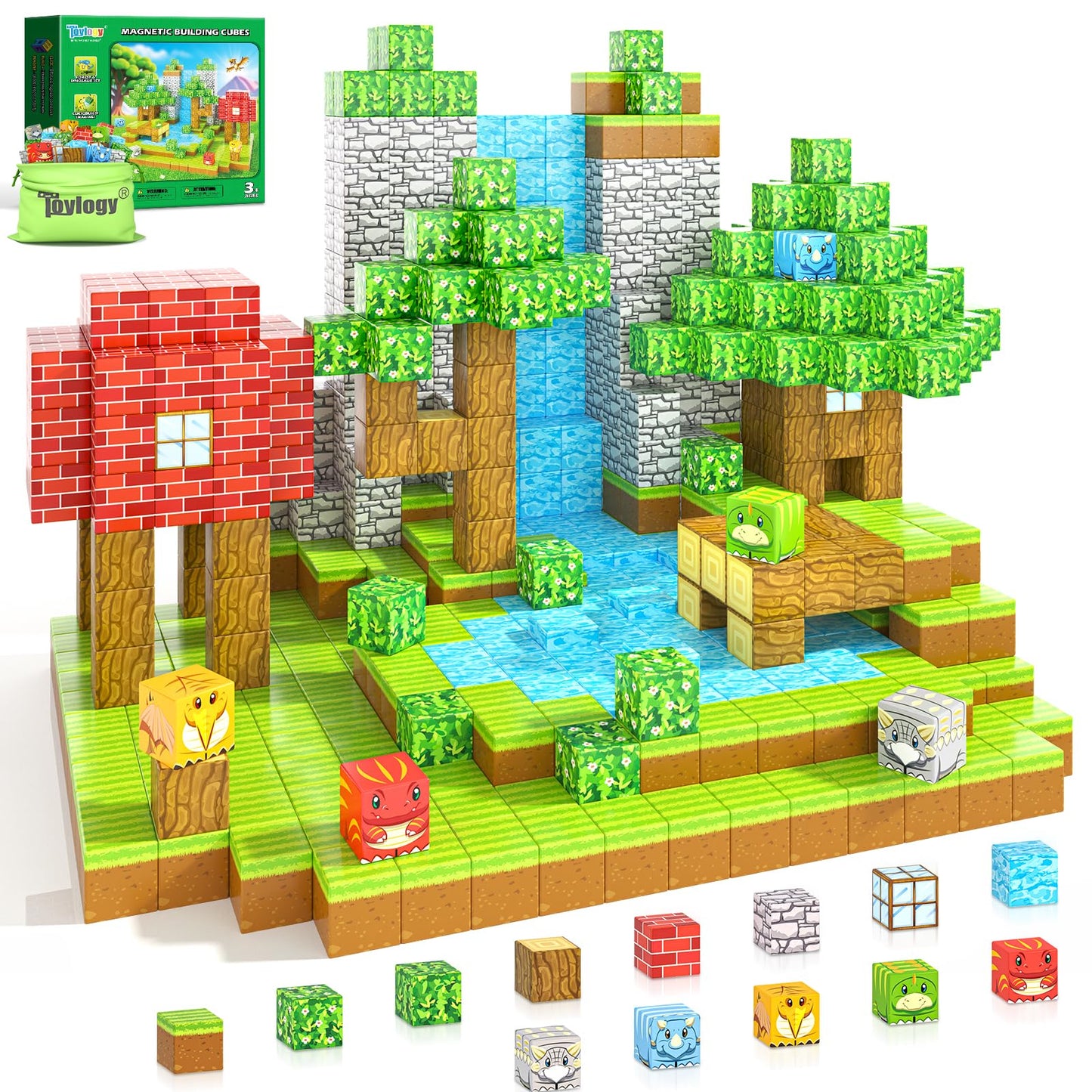 100PCS Magnetic Blocks - Build Mine Magnet World Forest Dinosaur Edition, Sensory STEM Construction Building Toys Kids Games for Toddler Christmas Birthday Gifts for 3 4 5 6 7 8 Years Old Girls & Boys