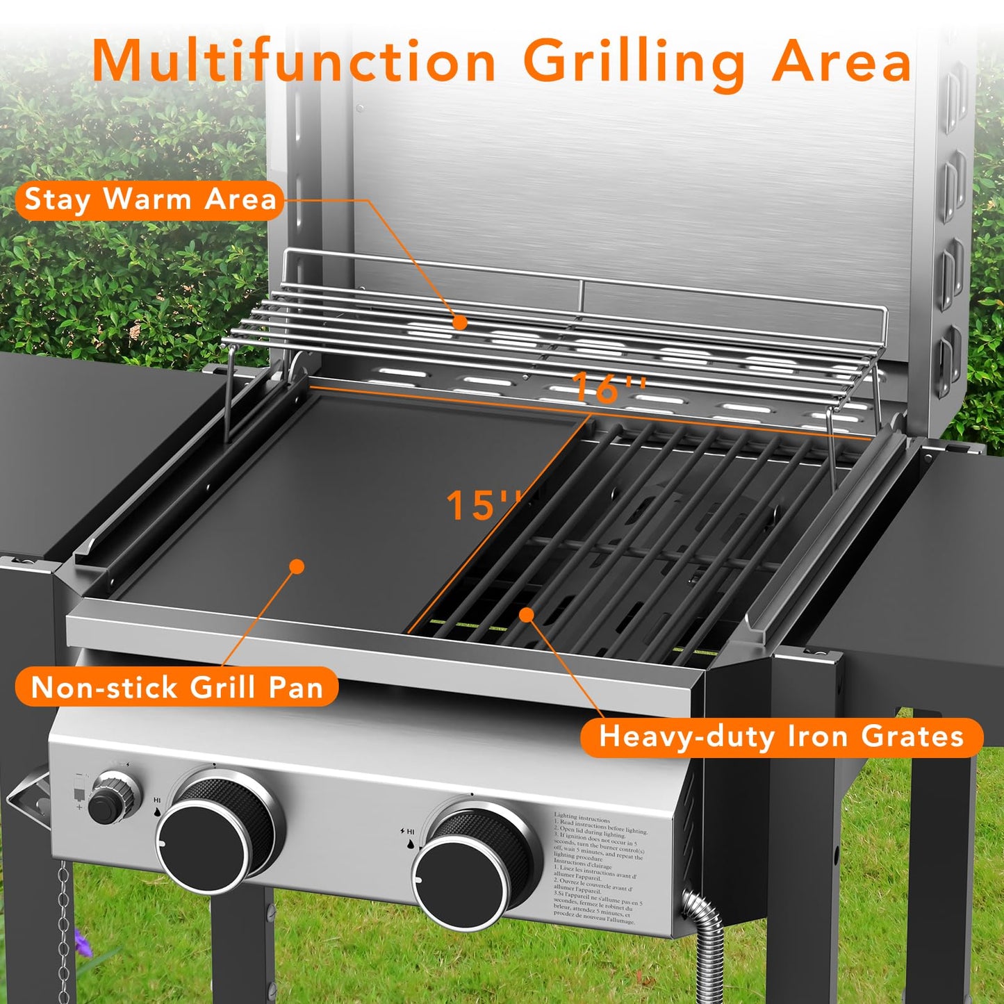 Electactic Propane Gas BBQ Grill 2-Burner Barbecue Grills with Cast Iron Frying Pan and Grates Combo, 16000 BTU Output Stainless Steel Grill for Outdoor Cooking, Patio, Backyard Party